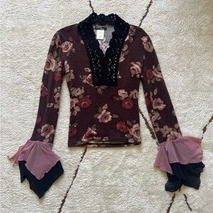 🌹 Boho Floral Lace Ruffle Sleeve Top – Romantic Vintage Y2K Style